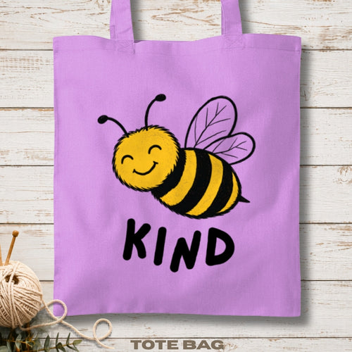 Purple tote bag with a bee illustration and 'Kind' text.