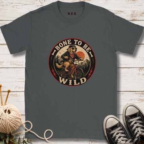 Gray t-shirt with a bear graphic and 'Bone to be Wild' text on a wooden surface.