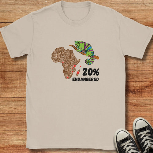 Beige t-shirt with a chameleon and Africa map design on a wooden surface