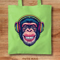 Green tote bag with a colorful monkey design wearing headphones 