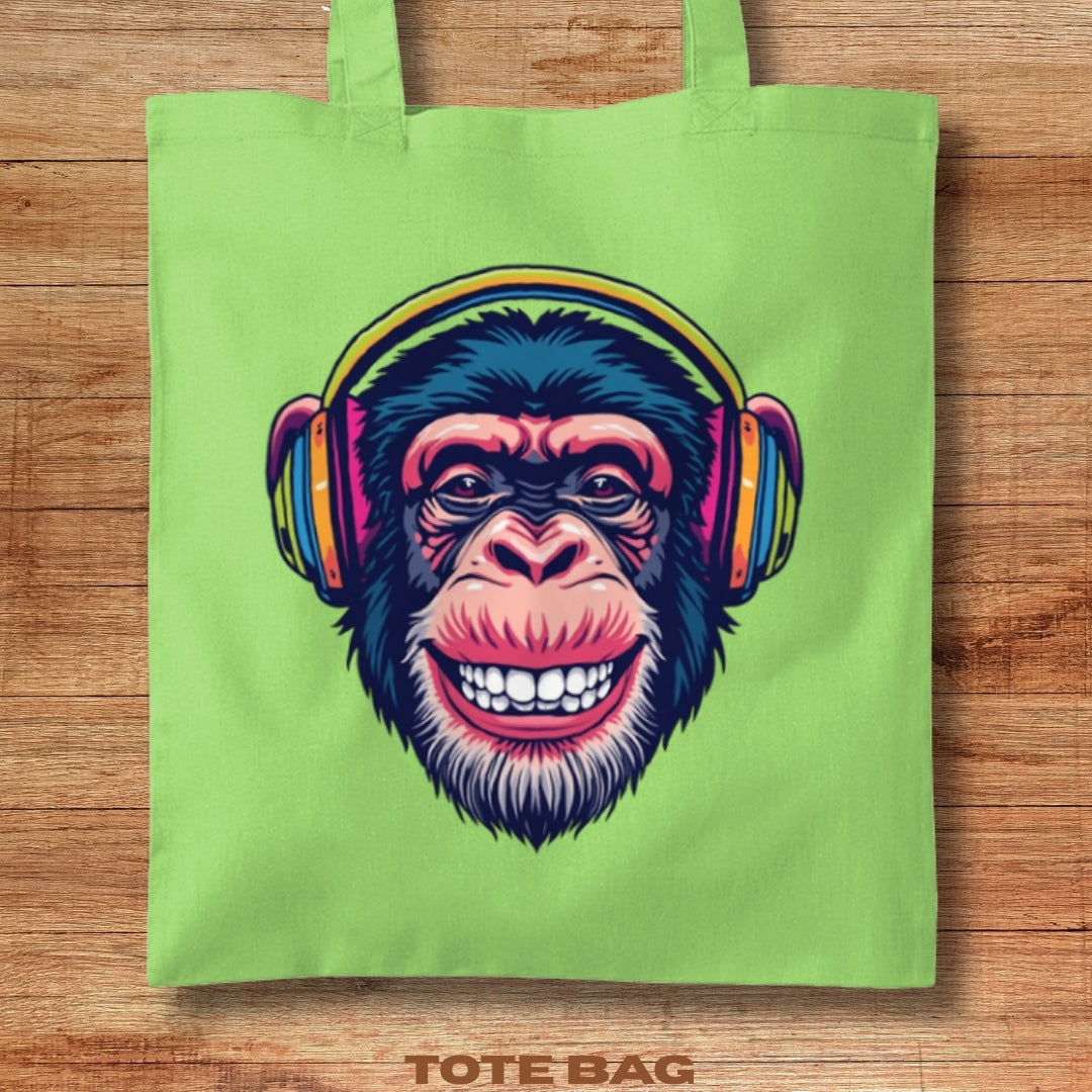Green tote bag with a colorful monkey design wearing headphones 