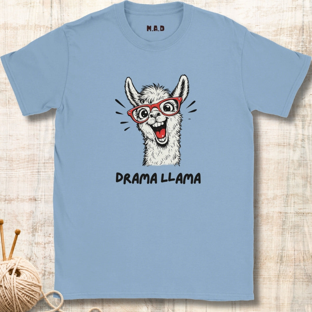 Light blue t-shirt with a graphic of a llama wearing glasses and the text 'Drama Llama' on a textured surface.