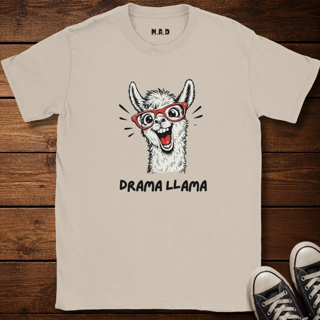 Beige t-shirt with a 'Drama Llama' graphic