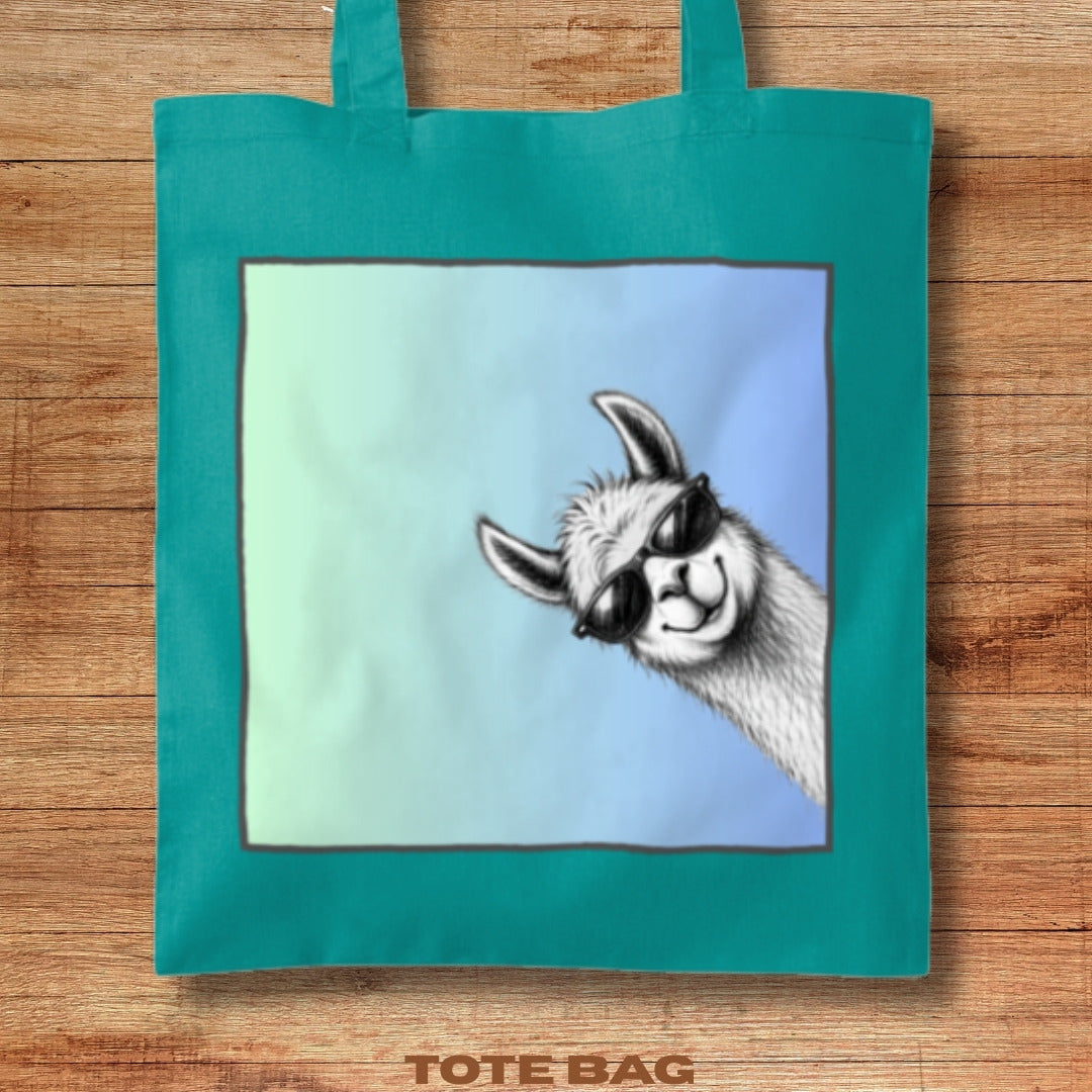 Teal tote bag with a llama graphic