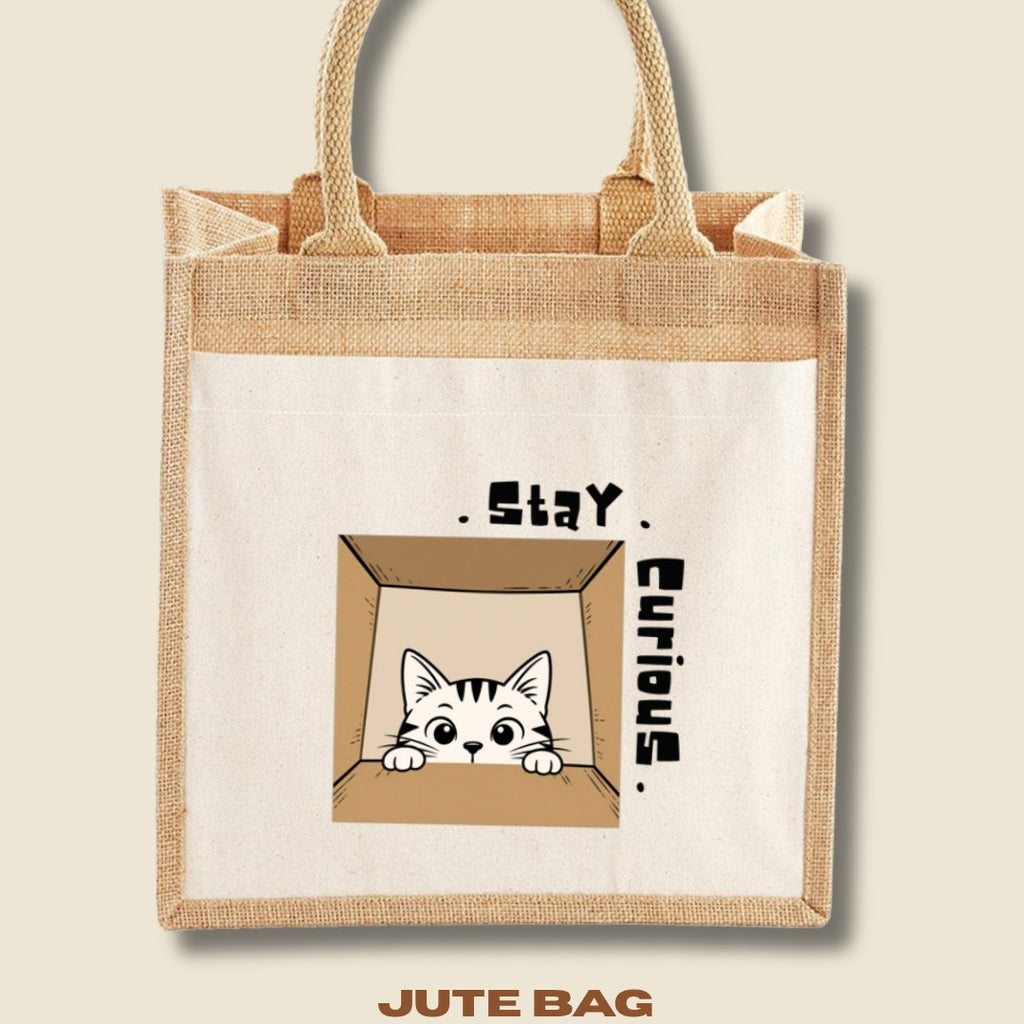 Stay Curious Cat Midi jute bag