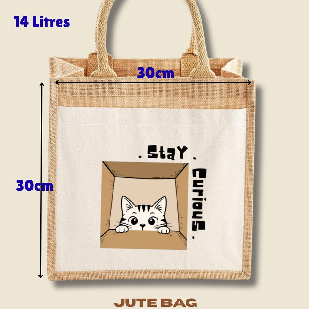 Stay Curious Cat Midi jute bag