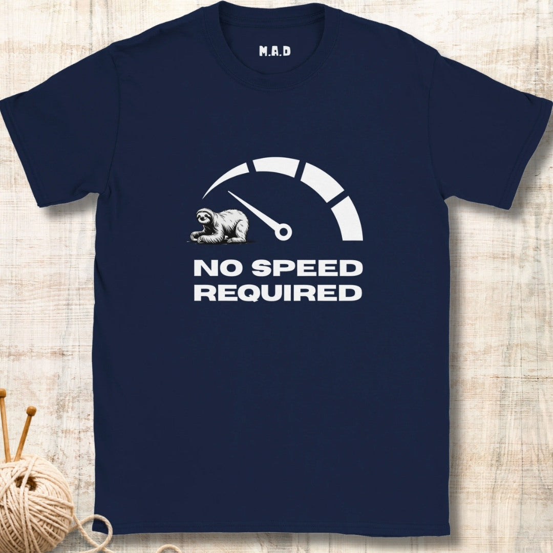 Navy blue t-shirt with a graphic design and text 'No Speed Required' on a textured surface.
