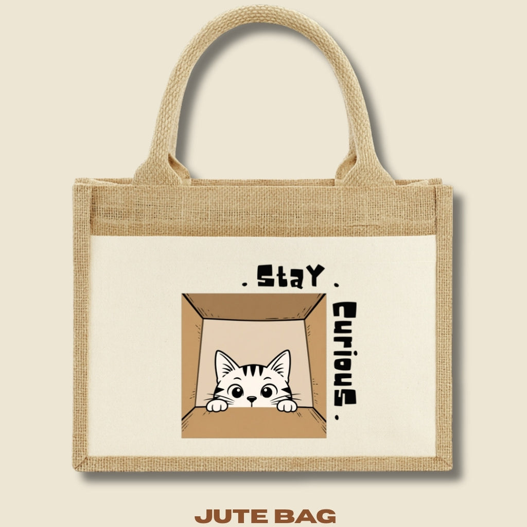 Stay Curious Cat pocket jute bag