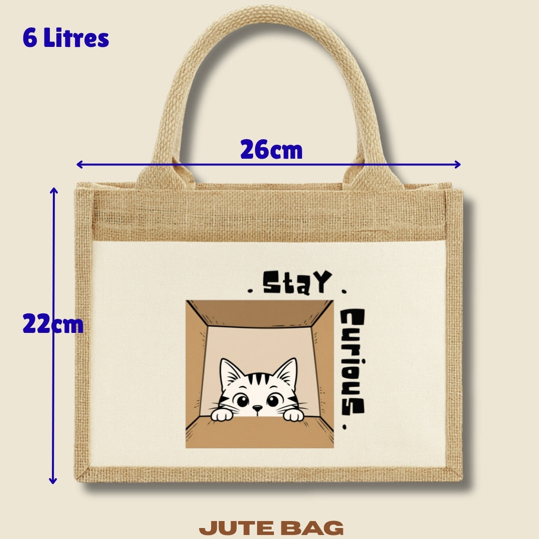 Stay Curious Cat pocket jute bag