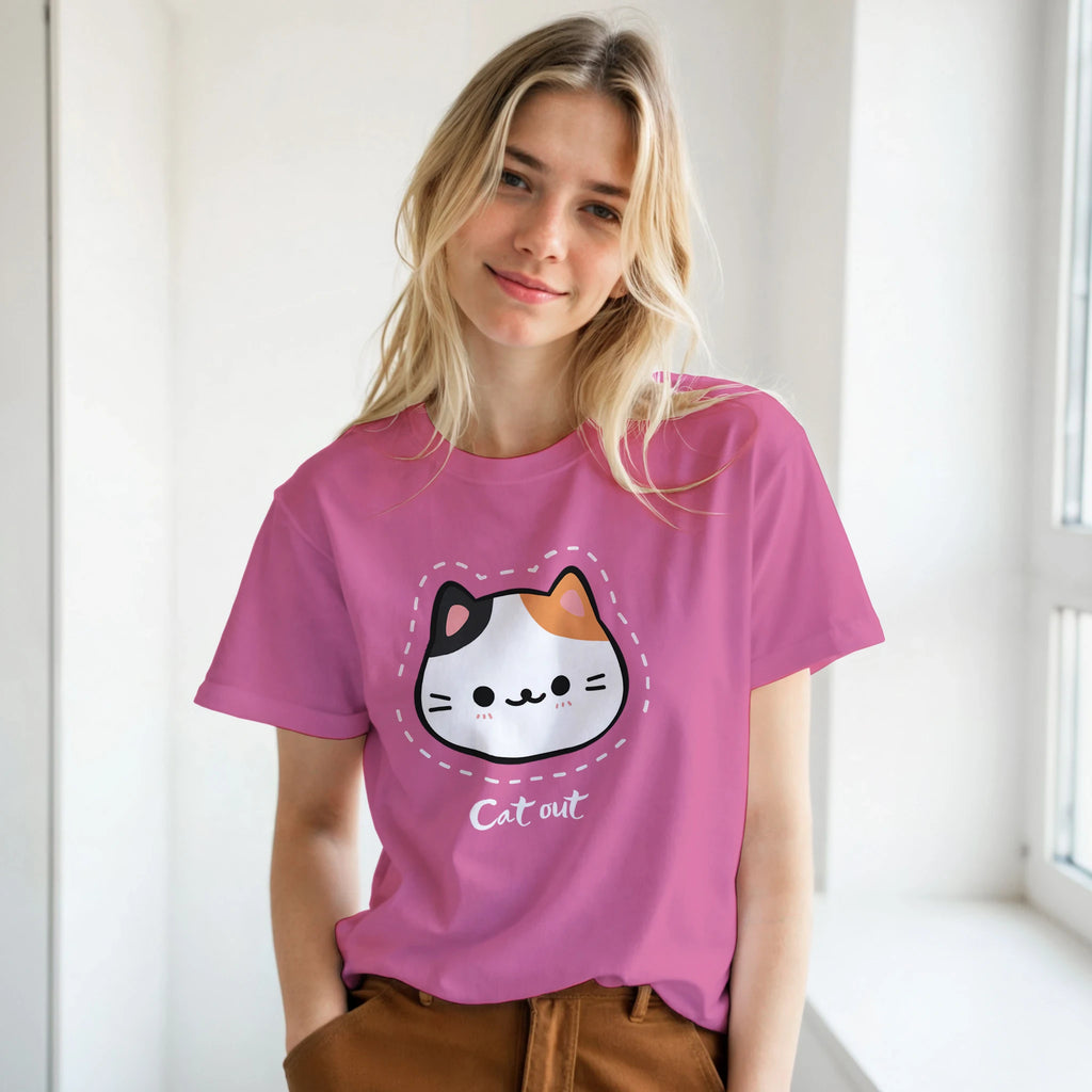 Model with pink cat out t-shirt