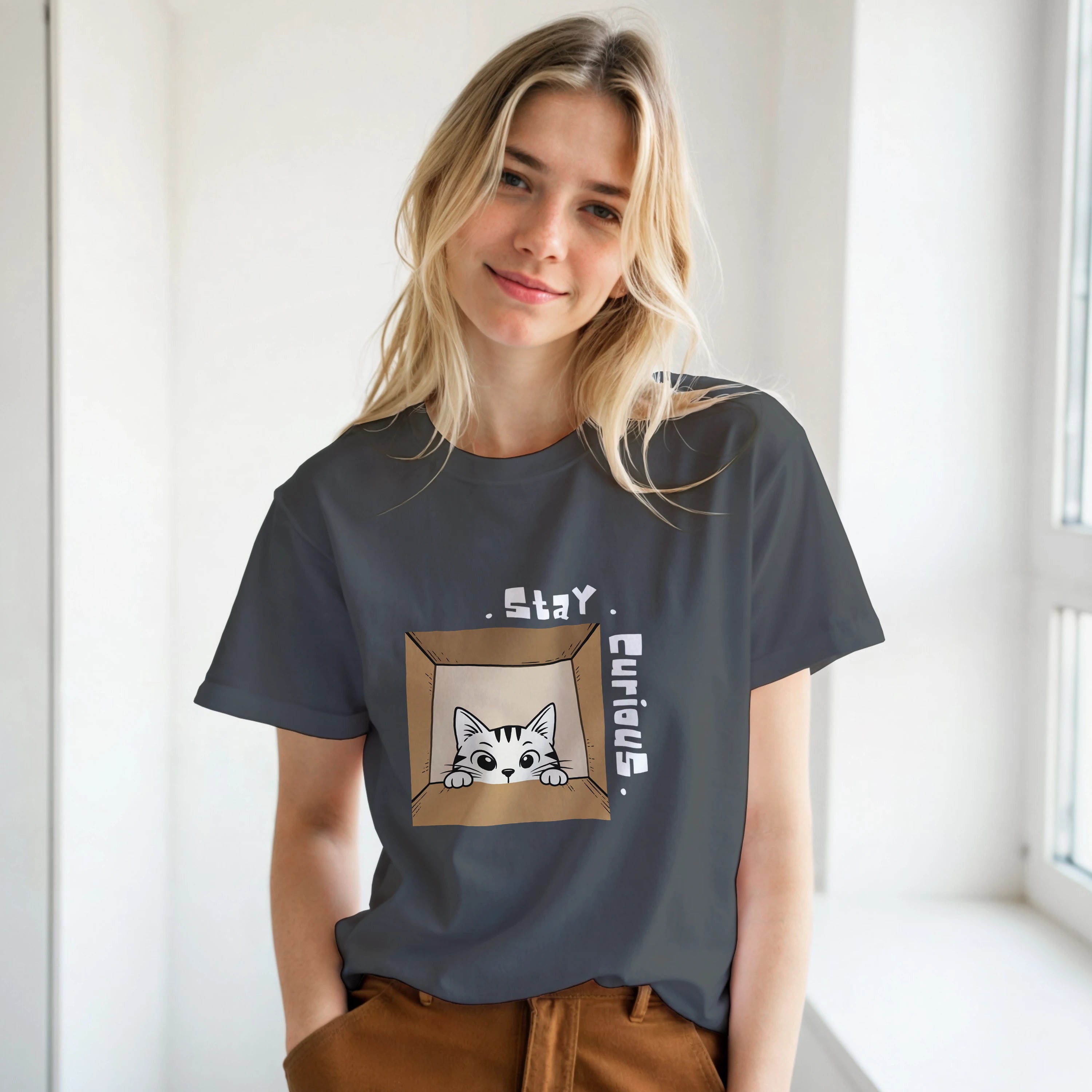 Stay Curious Cat Dark T-shirt